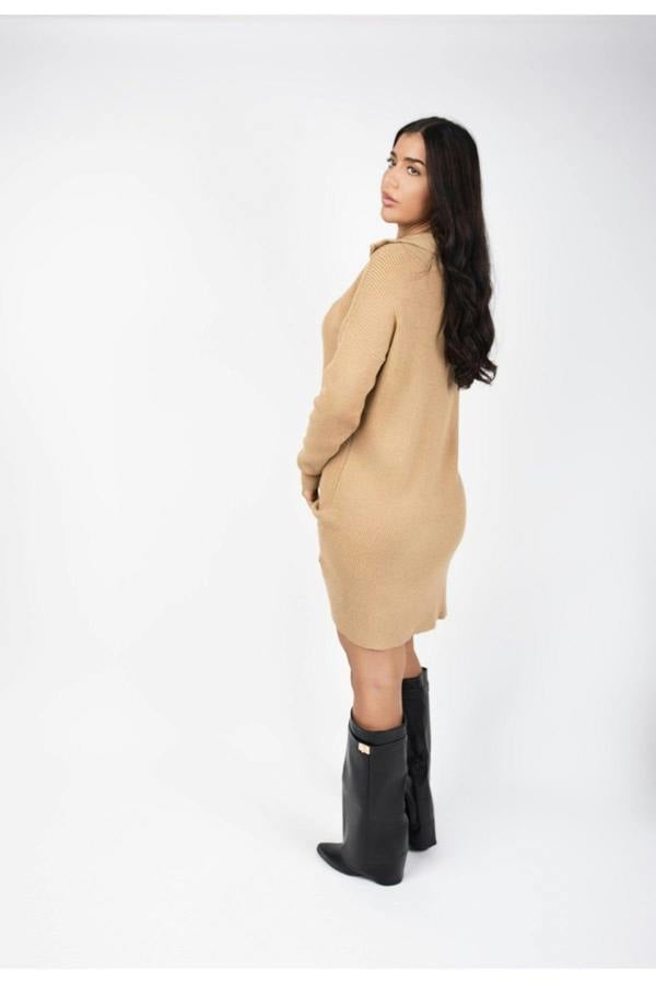 Danika Ribbed Knit Mini Dress With Zip Collar - Camel
