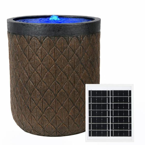 Gardenwize Solar Water Feature – Diamond Weave Barrel Fountain with LED Lights & Battery Backup