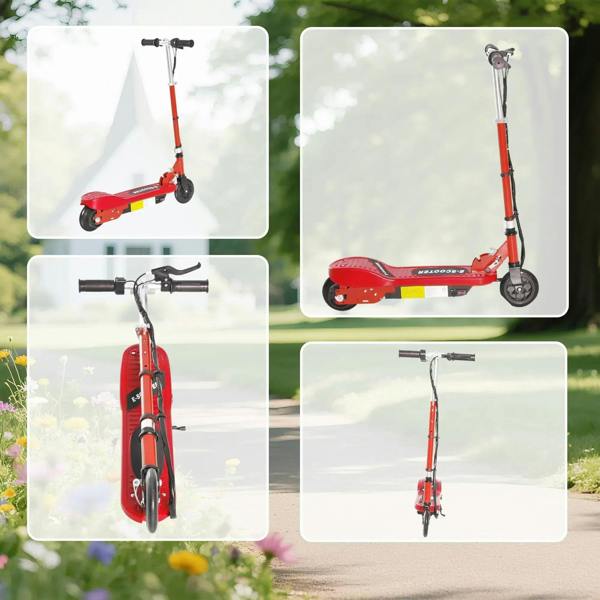 Red electric kids scooter shown from multiple angles