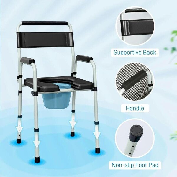 Commode Chair for Elderly with Arms and Back, Lightweight Non-Slip Commode w/ Removable Bucket, Height Adjustable, Black