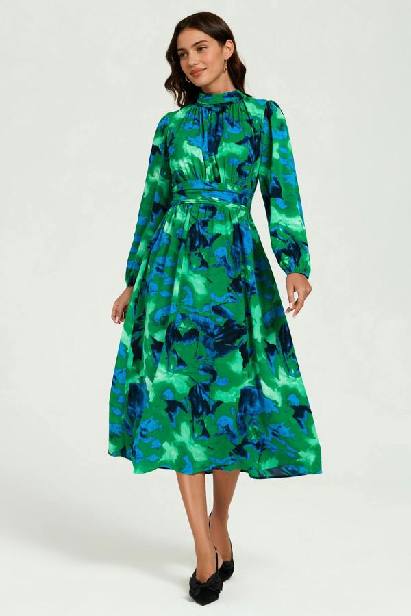 FS Collection Abstract Floral Print Long Sleeve Midi Dress In Green
