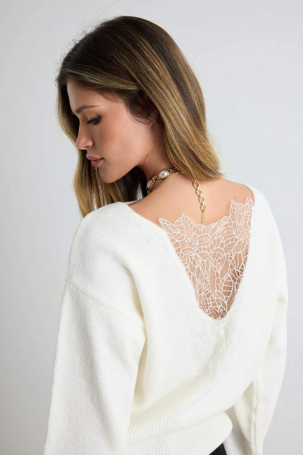 WOVCOR Soft Touch Back Lace Detail Boat Neck Long Sleeve Knitwear
