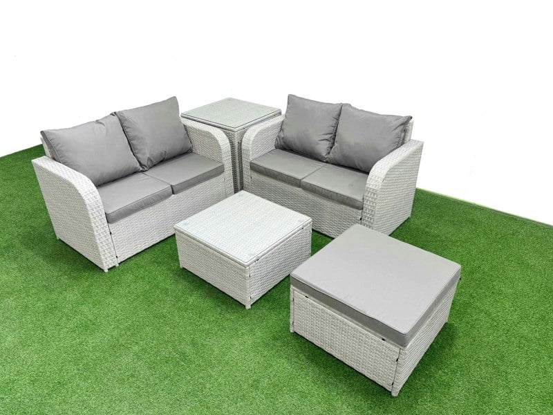 Fimous 5 Seater Outdoor Love Sofa Set Rattan Garden Furniture Set with Square Coffee Table Big Footstool Side Table Light Grey