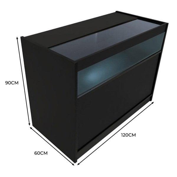 Black LED retail shop counter B1200 with glass top, dimensions 120cm x 60cm x 90cm, sleek modern design ideal for displays