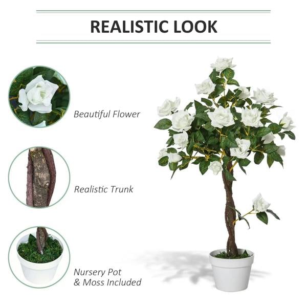 Artificial white rose floral plant with brown trunk and green leaves in white pot