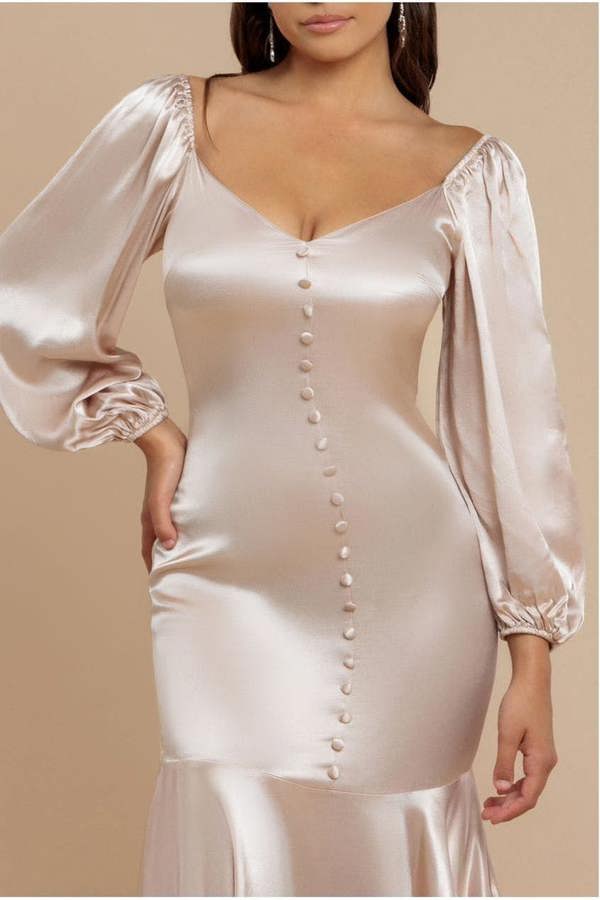 Satin Viscose Front Buttoned Dipped Hem Midaxi Dress - Champagne DR3899