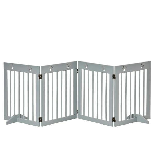 Grey 4-panel folding wooden freestanding pet gate with paw print accents and support feet