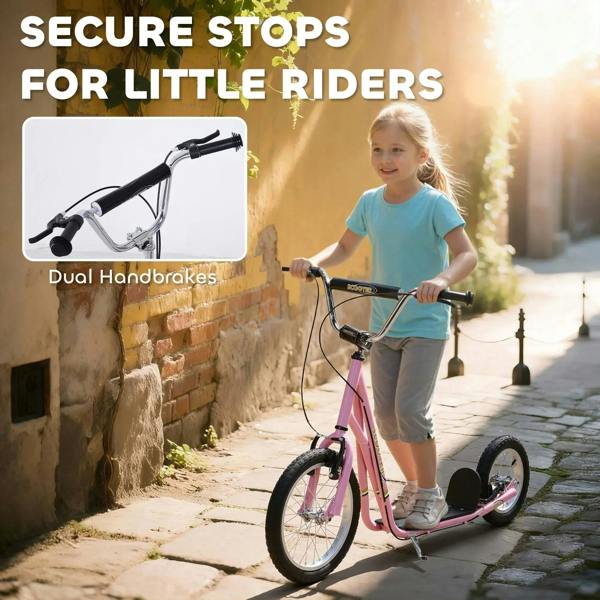 Pink kids kick scooter front: black dual handbrakes and handlebar grips