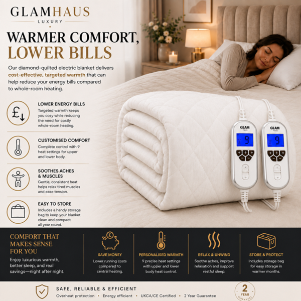 GlamHaus Double Size Electric Blanket - Fitted Mattress Bed Cover - White Diamond Quilted - Settings for Feet and Body, Timer