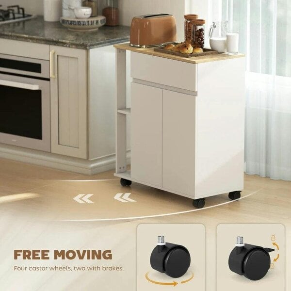 Kitchen Storage Trolley Cart with Cabinet, Drawer and Open Shelves, White