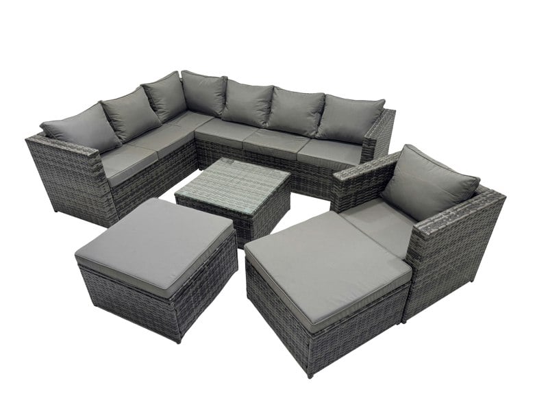 Fimous Rattan Garden Furniture Patio Furniture Sets with Corner Sofa Chair Square Coffee Table 2 Big Footstools Dark Grey Mixed