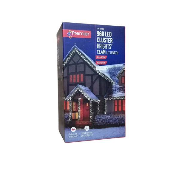 Samuel Alexander 960 LED 12m Premier Cluster Indoor Outdoor Multi Function Mains Operated Christmas Lights with Timer on Clear Cable in Warm White
