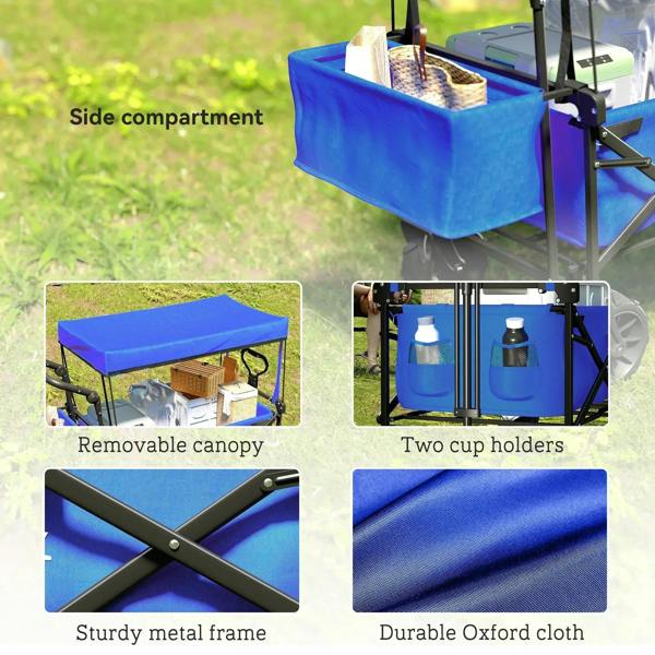 Blue wagon cart with side compartment, removable canopy, and two cup holders