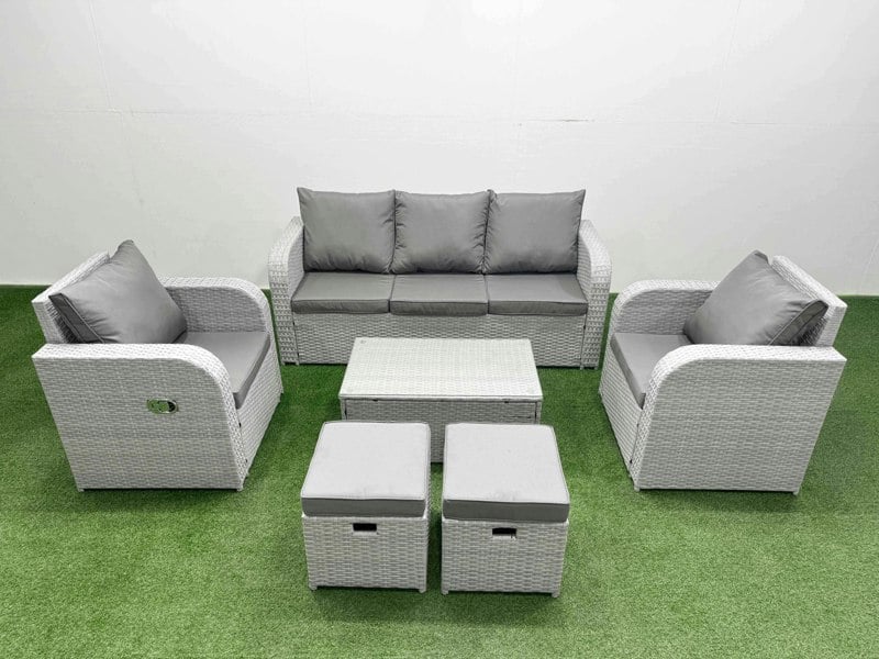 Fimous PE Rattan Garden Furniture Set Reclining Chair Sofa Lounge Sofa Set Oblong Coffee Table 2 Small Stools Light Grey