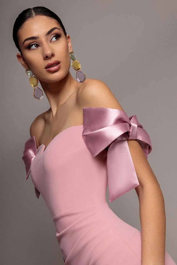 Satin Bow Bardot Sheath Maxi Dress - Blush Pink DR4999