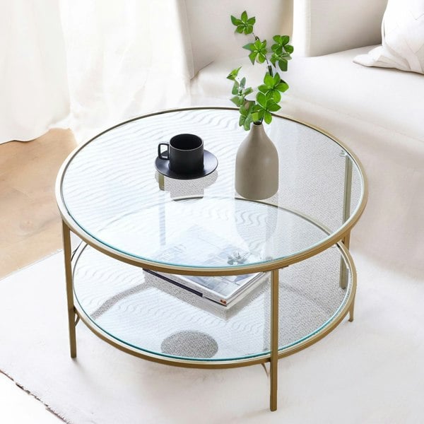 Rafaelo Mobilia Industrial 2 Tier Round Coffee Table With Tempered Glass