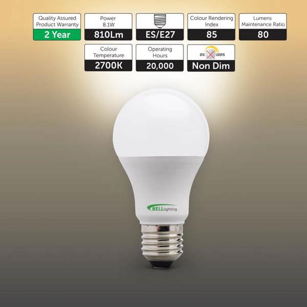 BELL Lighting E27 Edison Screw LED GLS 8.1W Energy Saving Light Bulbs