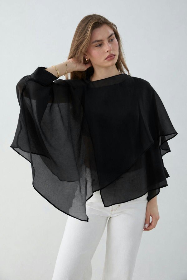WOVCOR Oversized Batwing Sleeve Bicycle Neck Blouse - Black - STD