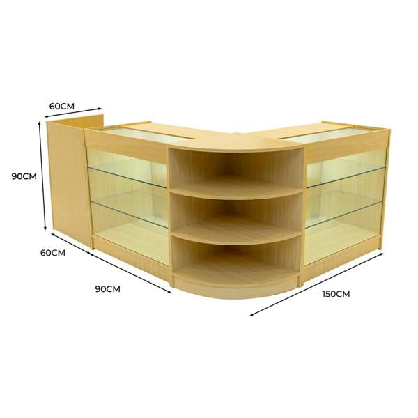 Astro LED Shop Counter Set in maple finish features sleek glass shelves, curved design, and integrated LED lighting for modern retail display
