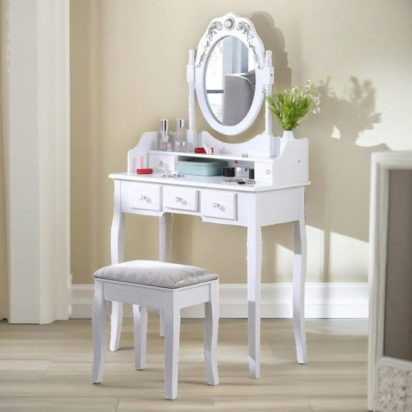 Rafaelo Mobilia 5 Drawer White Dressing Table With Mirror And Stool