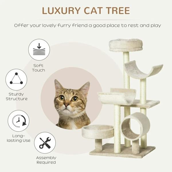 Beige cat tree with soft cushioned perches, arch tunnel, and round side tunnel opening.