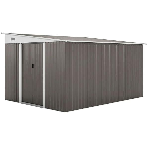 Grey metal garden shed with double sliding doors and side entry panel