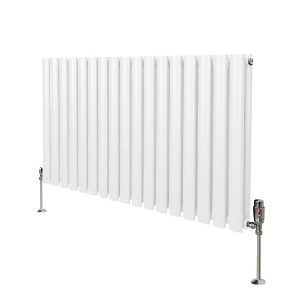 White oval column radiator measuring 600mm x 1020mm with sleek vertical panels and chrome valves for modern heating solutions