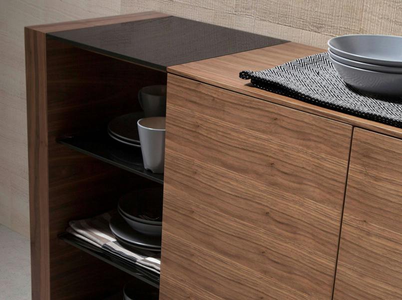 Angel Cerdá Sideboard walnut, brushed steel and black glass top 3140