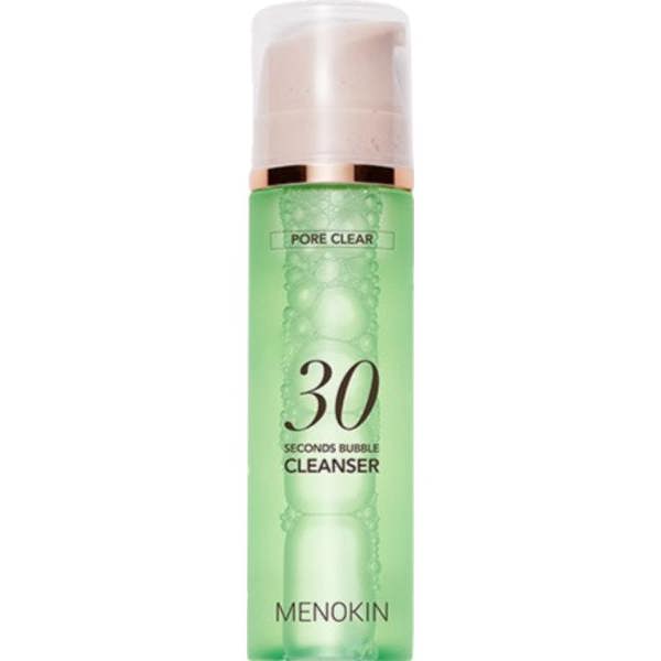 Ultra-fine, refreshing foam texture of MENOKIN 30 Seconds Bubble Cleanser dispensing for an efficient, time-saving skincare cleansing routine.
