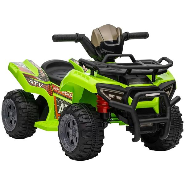 Green kids electric ride-on quad bike with black handlebars, front guard, and seat
