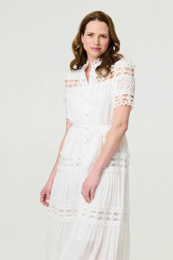 White | Lace Cut Out Detail Tie Waist Midi Dress
