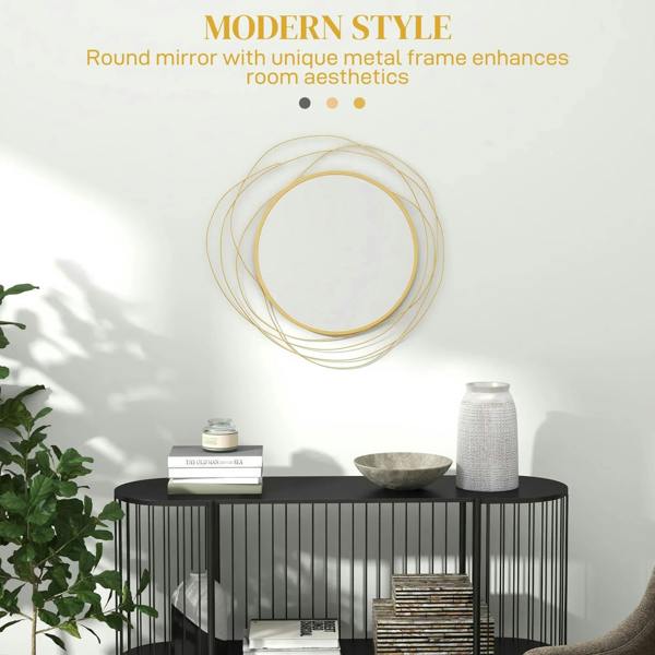 Gold tone round wall mirror with abstract metal wire swirl frame