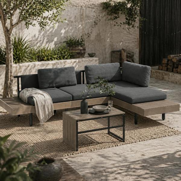 Wyld Haus Vivino Metal Grey 3 Piece L Shaped Outdoor Garden Sofa Set with Coffee Table and 2 Side Tables