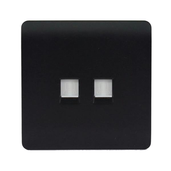 Trendi Switch 2 Gang RJ45 Cat 5e PC Ethernet & Telephone Slave Sockets in Matt Black