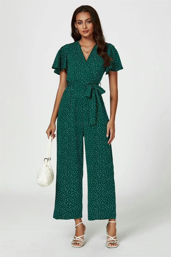FS Collection Dot Print Wrap Top Jumpsuit In Green