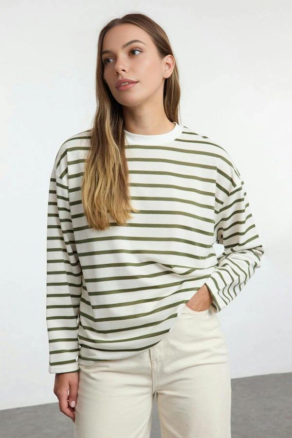 WOVCOR Striped Crew Neck Thin Knit Sweatshirt