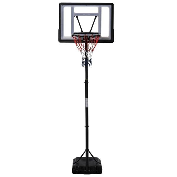 Black portable basketball hoop with backboard, net, and pole stand