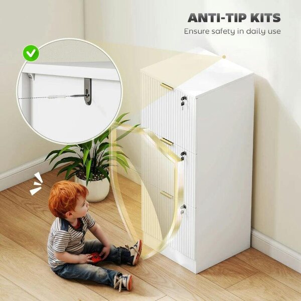Filing Cabinet, Fluted Vertical File Cabinet with 3 Lockable Drawers and Hanging Rails, White
