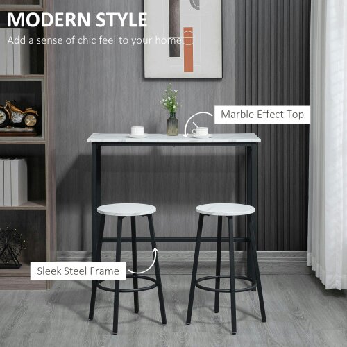 Wyld Haus Telano Marble Effect White And Black 3 Piece Bar Table And Stool Set