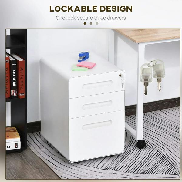 White 3-drawer lockable file cabinet beside shelving and desk drawers.
