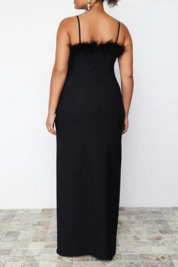 WOVCOR Feather Trimmed Strapless Woven Plus Size Evening Dress