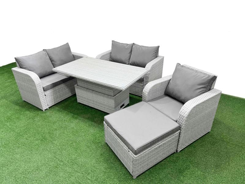 Fimous High Back Poly Rattan Garden Furniture Set, Adj Height Table, Reclining Loveseat, Indoor Outdoor Patio and Big Stool, Light Grey