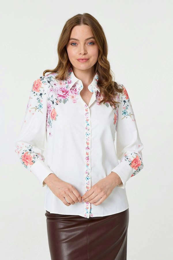 White | Floral Border Print Long Sleeve Shirt : Model is 5'9"/175 cm and wears UK8/EU36/US4/AUS8
