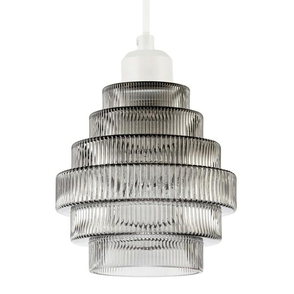 Tiered Stepped Design Smoked Ribbed Glass Pendant Ceiling Light Shade Image 1
