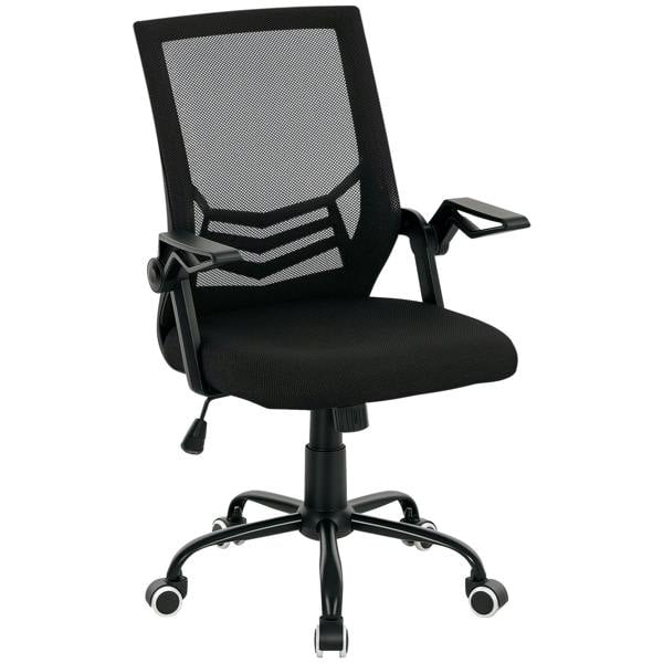 Black mesh office chair with flip-up armrests, lumbar support, swivel base and caster wheels