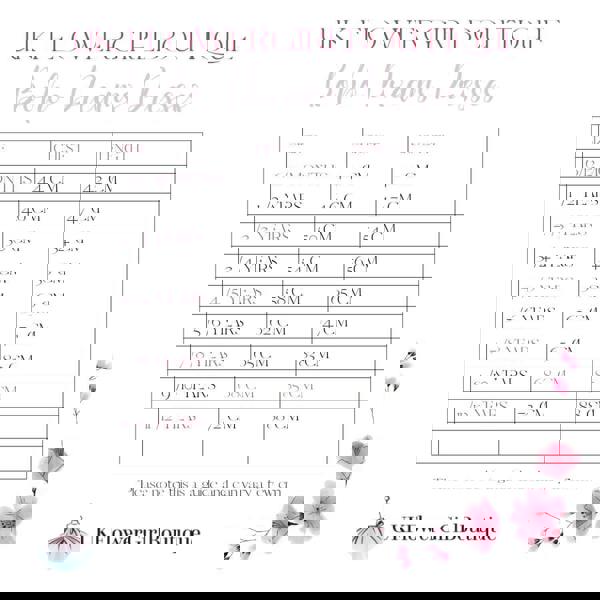 Measurement chart for dresses by UK Flower Girl Boutique with floral designs.