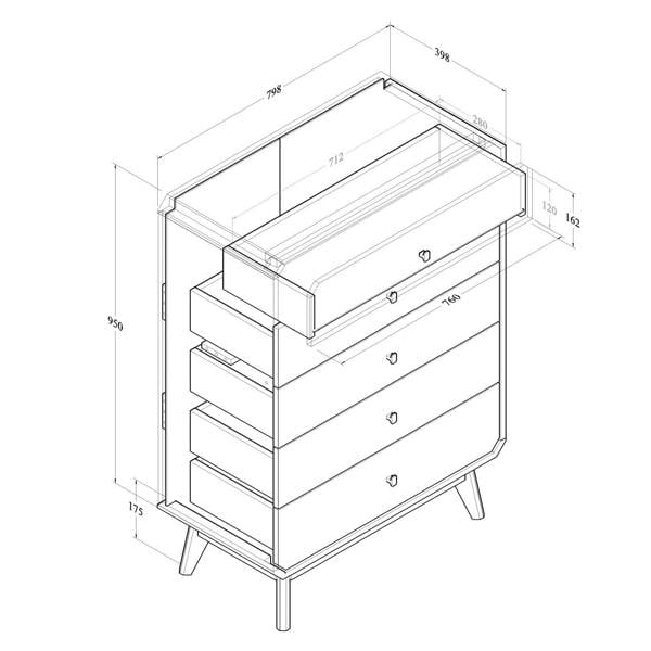 All internal and external dimensions of the chest of drawers.
