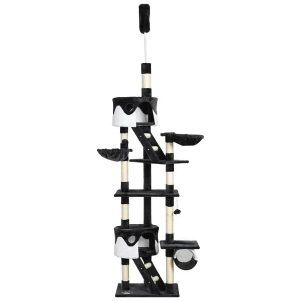 Indoor cat tree tower with platforms, hanging bed, and sisal-wrapped posts