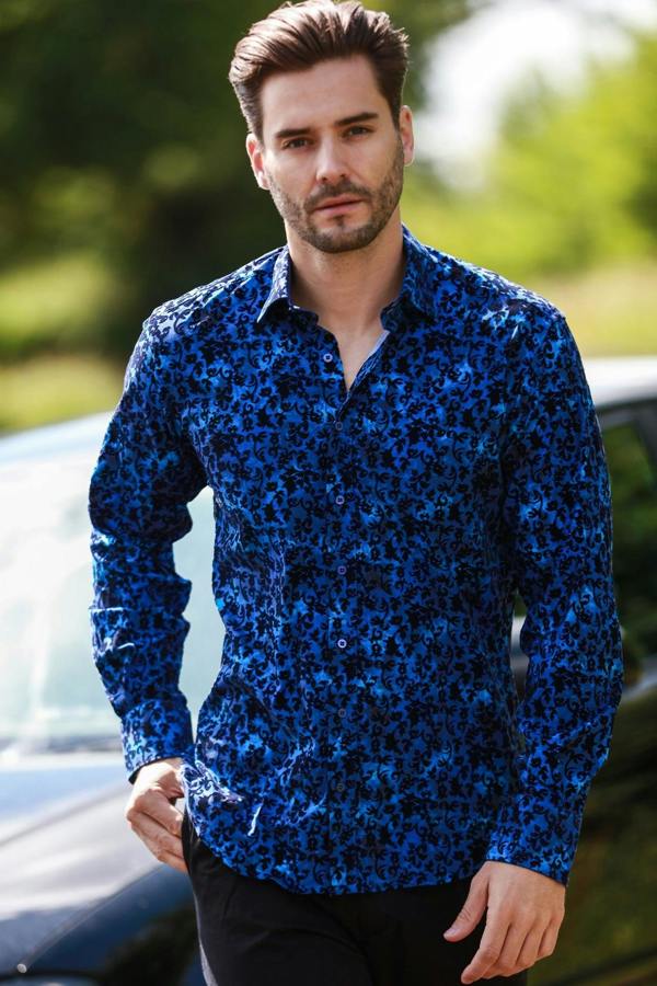 FLORAL FLOCKING SHIRT ON VIBRANT ELECTRIC BLUE TENCEL BASE - Claudio Lugli Shirts