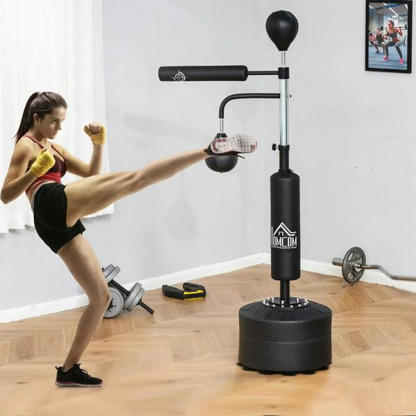 Freestanding black punching bag with two speed balls and adjustable height pole